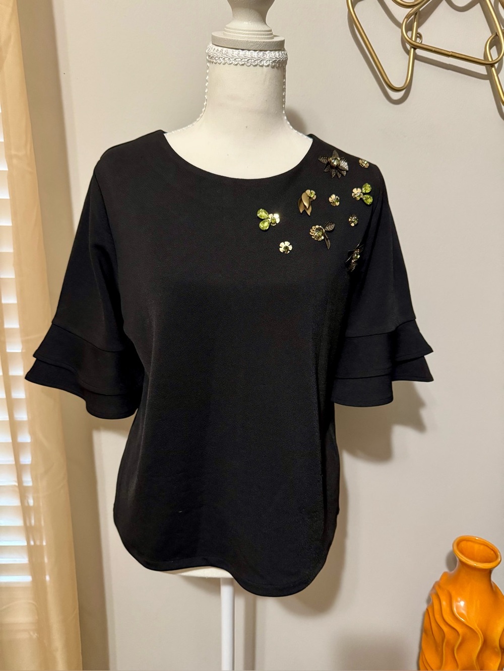 New York & Company Black Ruffle Sleeve Top with Beaded Floral Accents